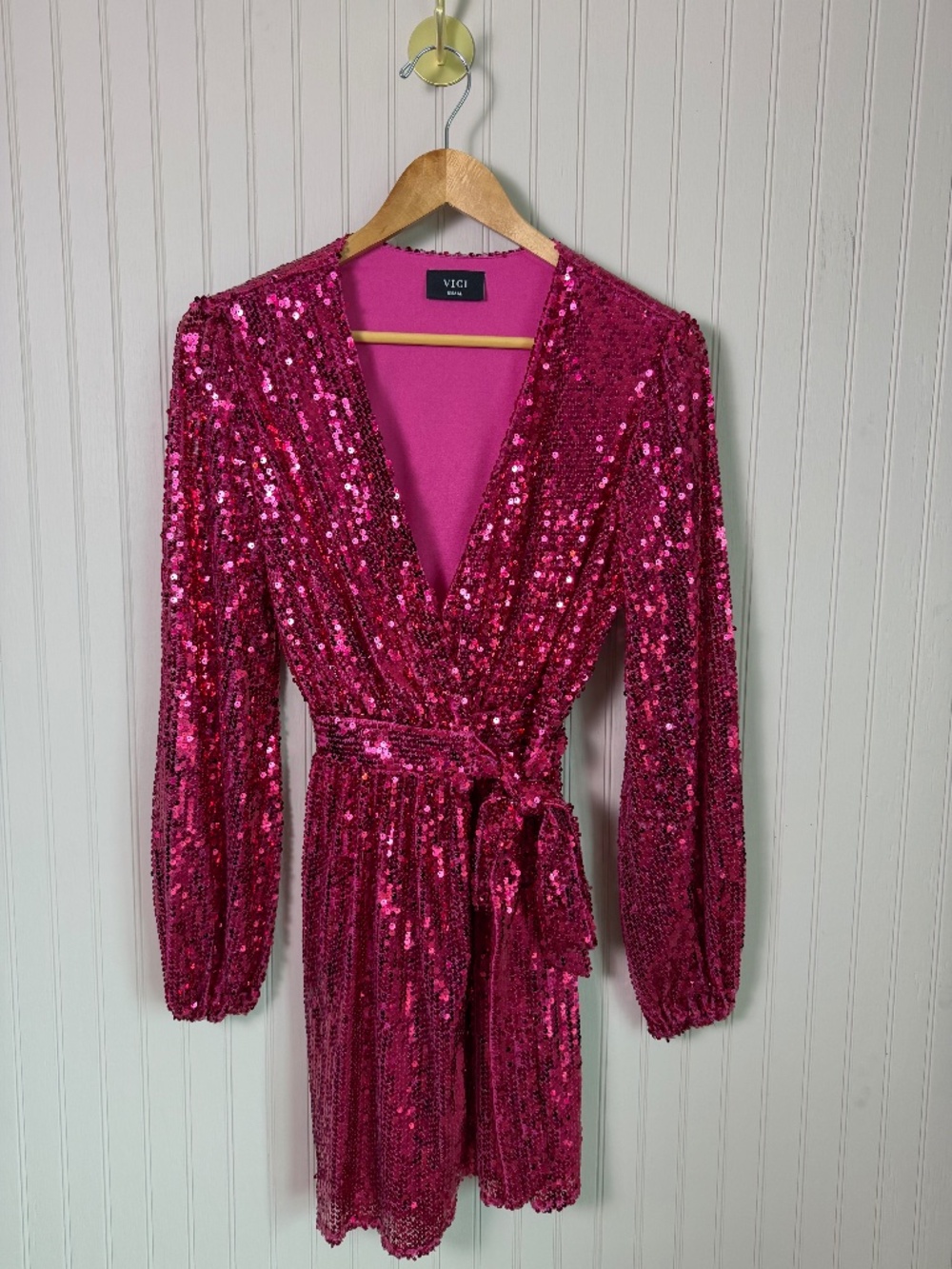 VICI Hot Pink Sequin Wrap Dress Size S Long Sleeve Belted Party Mini